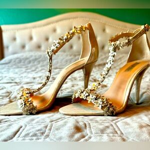 I.N.C. International Concepts Gold T-Strap Heels with Flowers